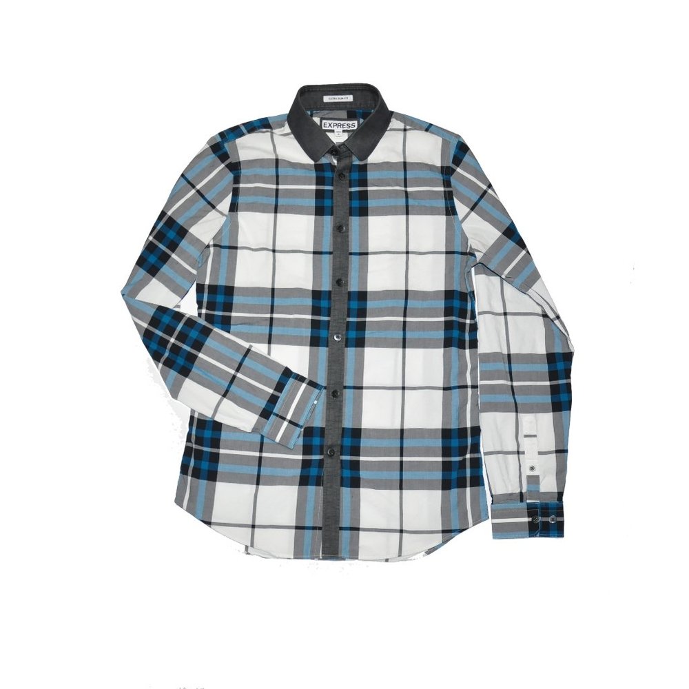 EXPRESS PLAID EXTRA SLIM FIT BUTTON DOWN SHIRT